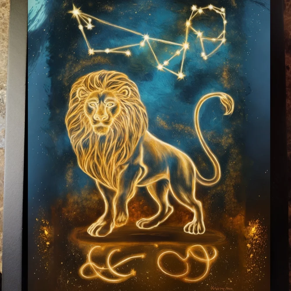 Majestic Lion Zodiac Wall Art - Blue and Gold In A Glass Front Frame 8x10